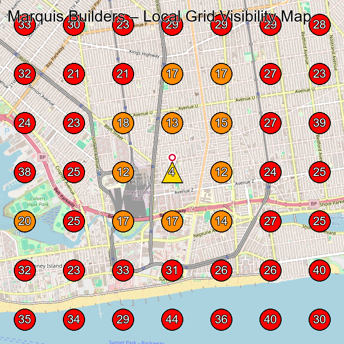 Marquis Builders GeoGrid visibility map for General Contractor in Brooklyn